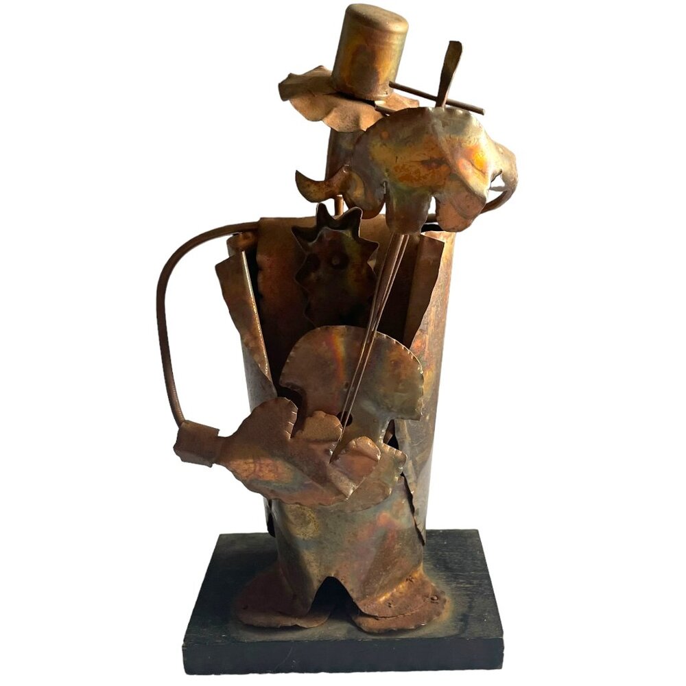 Vtg Tin Brutalist Art Piece Figurine Cello Player Musician Hammered Metal 12.5"